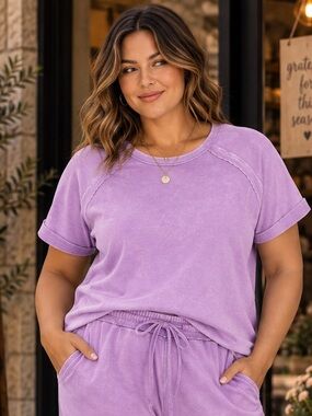 Zenana Lavender French Terry Cotton Short Sleeve Top
